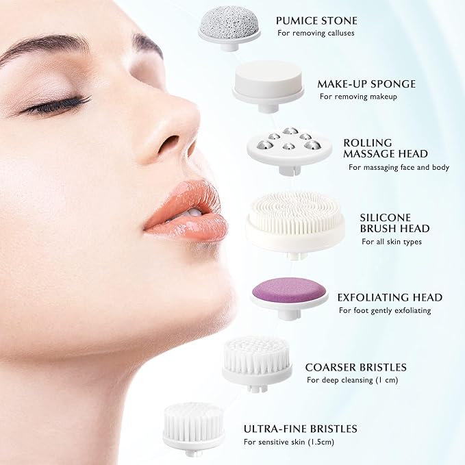 COSLUS Facial Cleansing Brush Silicone Face Scrubber: 7 in 1 FBS-D Electric Exfoliating Rotating Massage Device Waterproof Deep Cleaning Exfoliation Spa Machine - Electronic Skin Care Wash System-Velvo Beauty