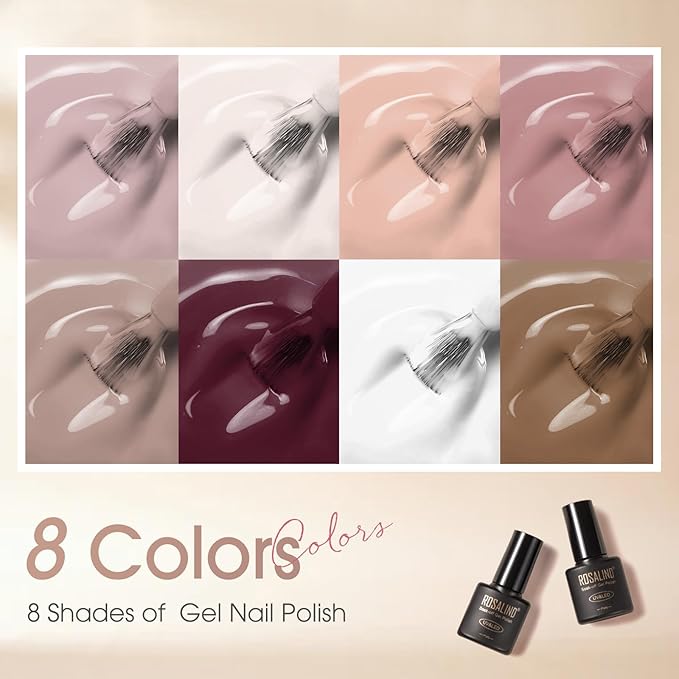 ROSALIND Nude Brown Gel Nail Polish Set, 8 Colors White Nude Brown Gel Polish, Beige Tan Caramel Coffee Gel Polish Collection Nail Art Gift DIY at Home-Velvo Beauty