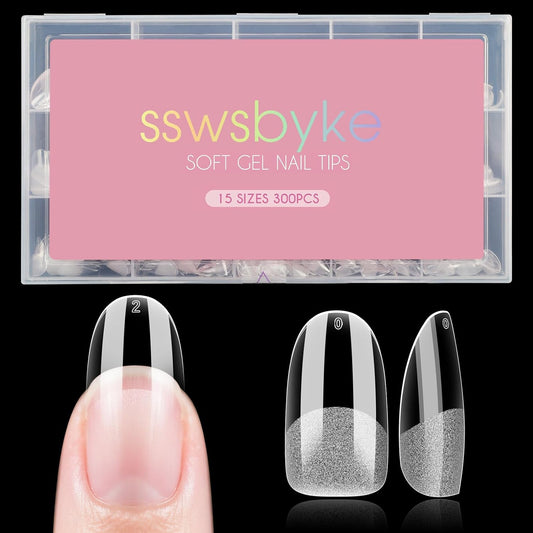 Medium Oval Nail Tips, SSWSBYKE 300pcs Soft Gel Nail Tips for Full Cover Pre-Shaped Acrylic Fake Nails Tips 15 Sizes Half Matte Press On Nails for Extension Home DIY Salon-Velvo Beauty