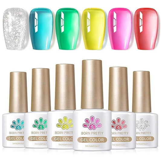 Born Pretty Jelly Gel Nail Polish Set Spring Summer Crystal Glass Translucent Pastel Sheer Gel Polish Pink Green Blue Red Yellow Silver Shiny Glitter Gel Nail Polish Nail Art Gel DIY Gift 6PCS-Velvo Beauty