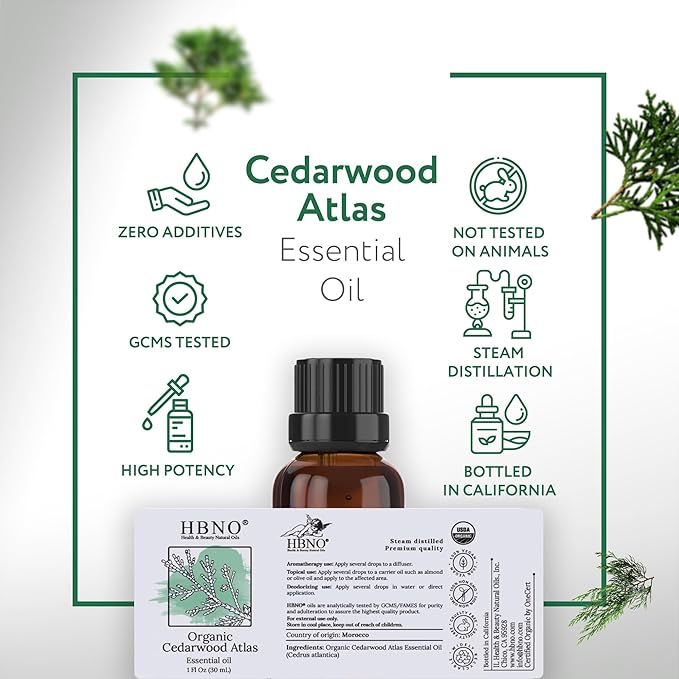 HBNO California Bottled Organic Cedarwood Essential Oil 1 fl oz (30ml) - USDA Certified Organic Cedarwood Essential Oil for Aromatherapy, Soap Making, DIY, Fragrances, Diffuser-Velvo Beauty
