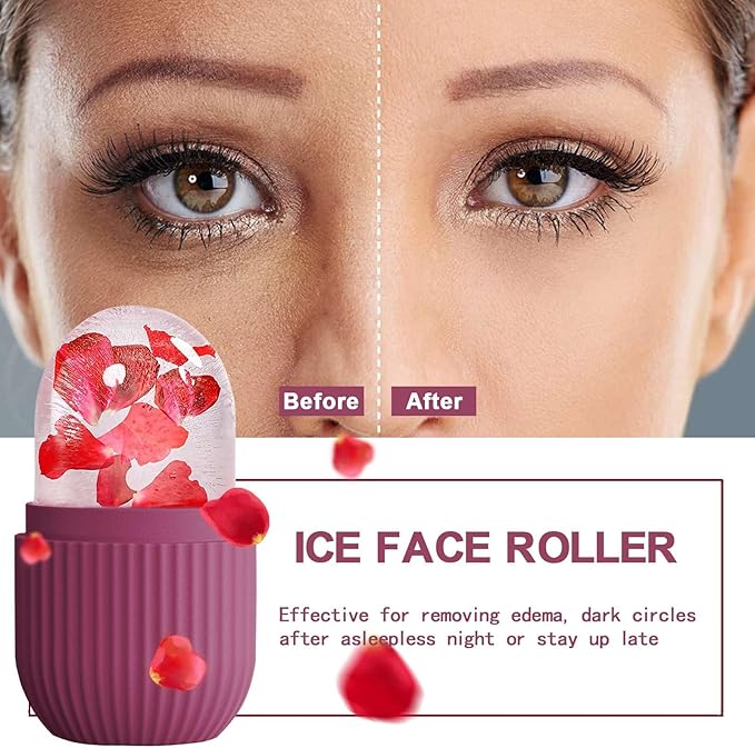 XHJRI Ice Face Roller Massager,Ice Cube Roller for Face, Eyes and Neck Naturally Conditioning and Skin Care,De-Puff Eye Bags,Reduce Migraine Pain,Reusable Massage Silicone Ice Mold (Rose)-Velvo Beauty