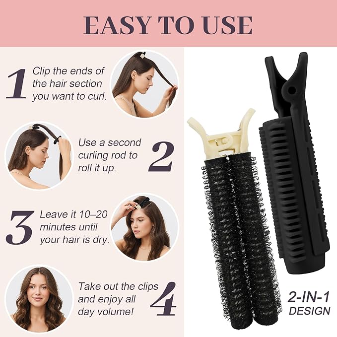 4PCS Volumizing Hair Clips for Root Lift & Volume - Instant Bangs Roller Clips for Effortless Curls & Lift - Velcro Rollers For Hair - Hair Rollers For Women - Black-Velvo Beauty