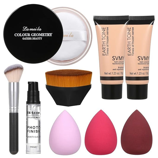 Foundation Liquid Full Coverage Matte Oil Control Concealer with Face Primer & Makeup Brush & Makeup Sponges-Velvo Beauty