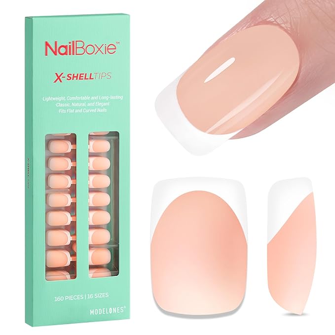 modelones French Tip Press on Nails, Short Square Fake Nails with Nail Box, Nude Gel Nail Tips for Women, Soft Glue-On Nails for Natural Salon Look, DIY Nail Art Kit-Velvo Beauty