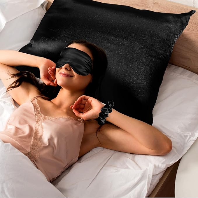 2 Pack Satin Pillowcase with Latent Zipper, Adjustable Satin Eye Mask for Sleeping and Satin Volume Scrunchie for Hair and Skin, Standard Size (Classic Style, Black)-Velvo Beauty