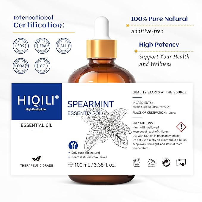 HIQILI 100ML Spearmint Oil for Skin Care, Facial, Can be Added to Lotions, Creams -100% Pure Natural Treatment Grade - 3.38 Fl Oz-Velvo Beauty
