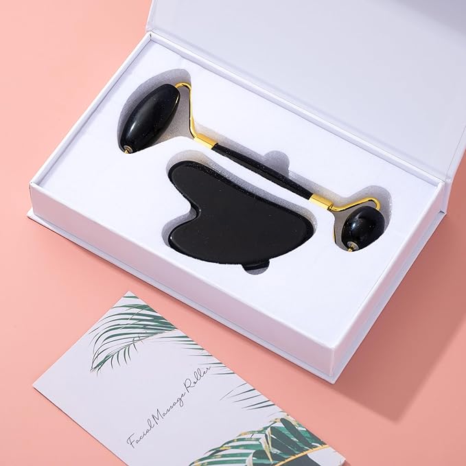 Yssarea Obsidian Roller and Gua Sha - Face Roller | 100% Natural Obsidian Stone Set | Dual Sided Face Massager | Reduces Signs of Aging, Black-Velvo Beauty