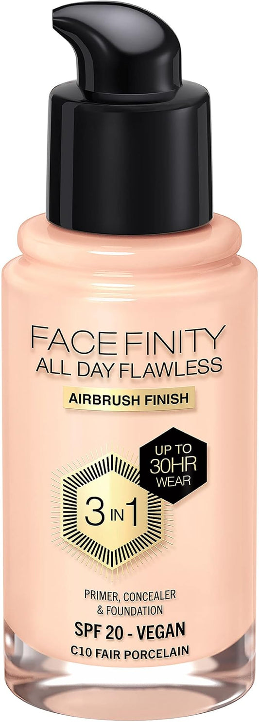Max Factor Facefinity 3-in-1 All Day Flawless Liquid Foundation, SPF 20-10 Fair Porcelain, 30 ml-Velvo Beauty
