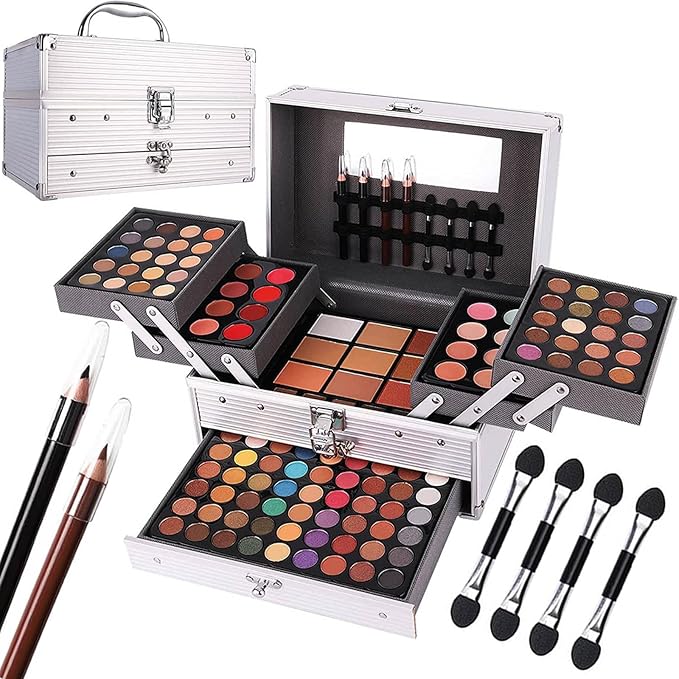 132 Color All In One Makeup Kit,Professional Makeup Case Set for Teen Girls, Multicolor Eyeshadow Palette(006N2-Silver)-Velvo Beauty