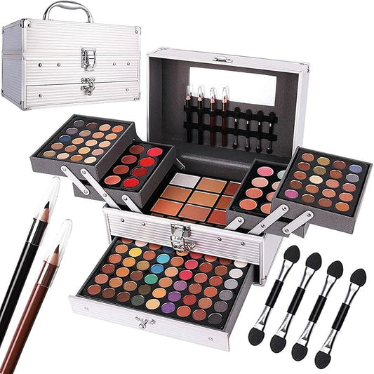 132 Color All In One Makeup Kit,Professional Makeup Case Set for Teen Girls, Multicolor Eyeshadow Palette(006N2-Silver)-Velvo Beauty