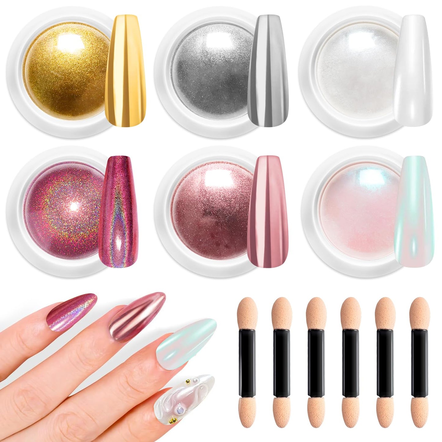 Mermaid Gold Chrome Nail Powder: 6 Colors Mirror Effec Green/Pearl Chrome Nail powder,Magic Mermaid Pink Chrome Nail Powder Pigment for Nail Art Design Home DIY（Laser/Silver）-Velvo Beauty