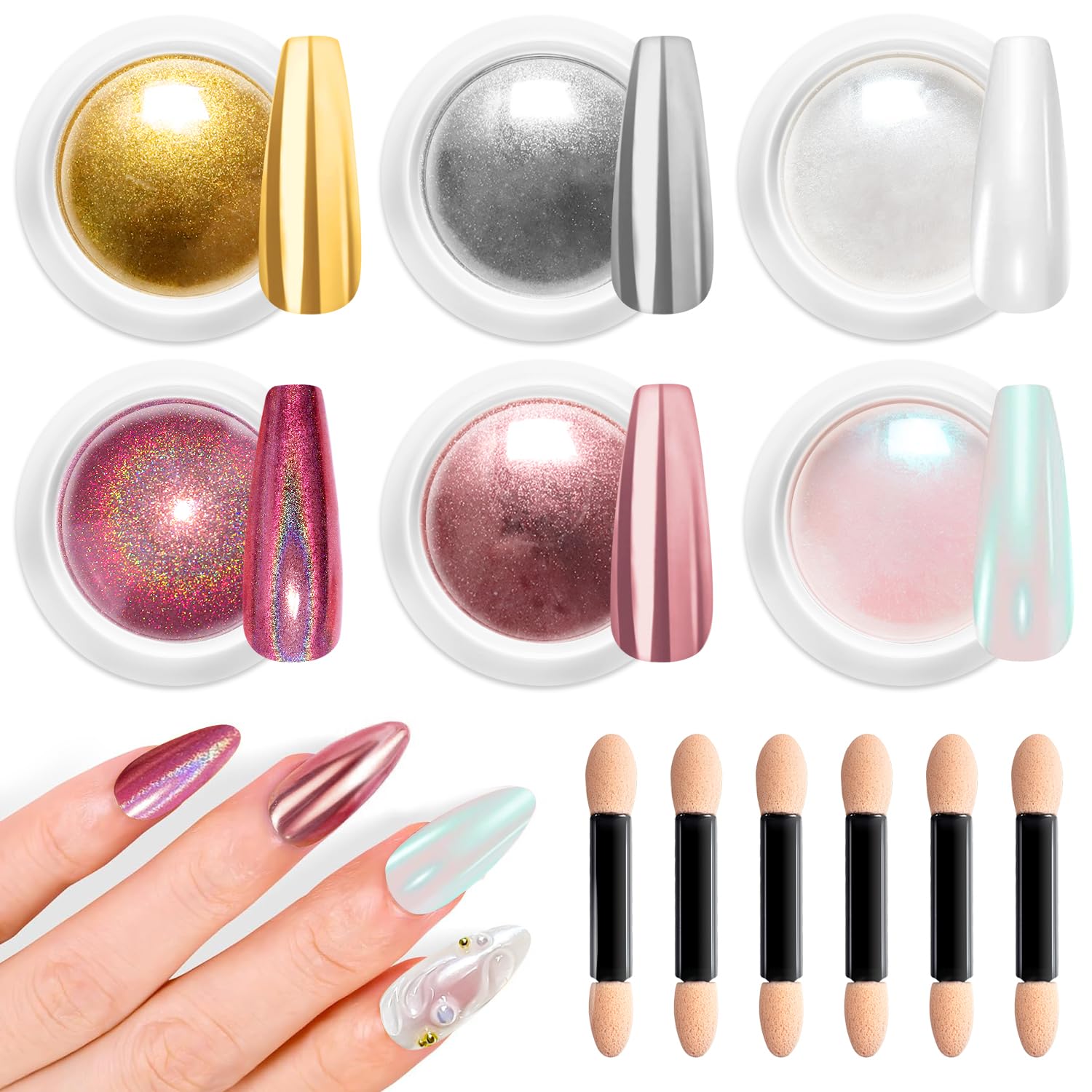 Mermaid Gold Chrome Nail Powder: 6 Colors Mirror Effec Green/Pearl Chrome Nail powder,Magic Mermaid Pink Chrome Nail Powder Pigment for Nail Art Design Home DIY（Laser/Silver）-Velvo Beauty