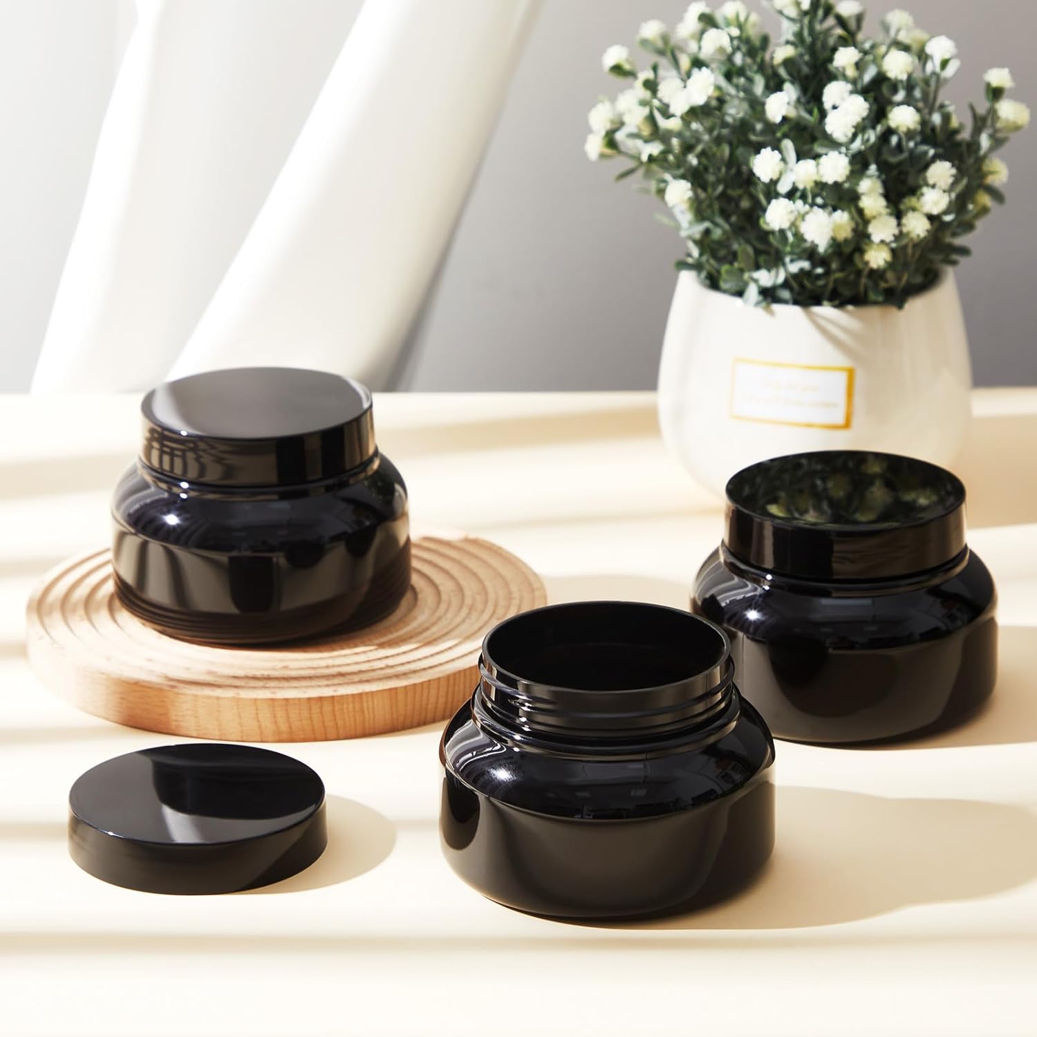 Tessco 24 Pack Plastic Jars with Lids Labels Empty Clear Plastic Jars Round Refillable Cosmetic Containers Body Butter Containers Bulk Sugar Scrub Bottle for Make Up(8 oz,Black)-Velvo Beauty