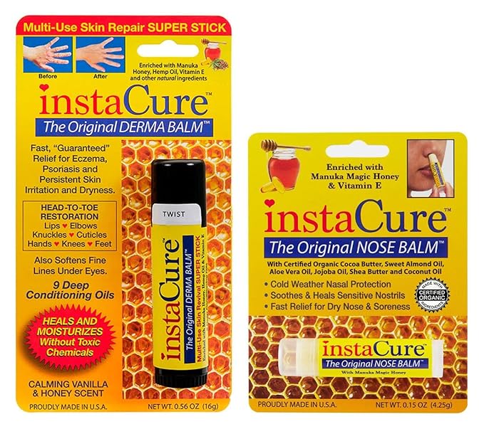 InstaCure's Original Nose Balm with Manuka Honey. Fast Relief for Cracked, Dry & Sore Noses + InstaCure Original Derma Balm Jumbo-Sized Skin Revival Tube. Soothes & Heals Dry, Irritated Skin-Velvo Beauty