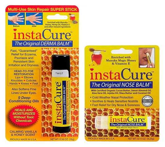 InstaCure's Original Nose Balm with Manuka Honey. Fast Relief for Cracked, Dry & Sore Noses + InstaCure Original Derma Balm Jumbo-Sized Skin Revival Tube. Soothes & Heals Dry, Irritated Skin-Velvo Beauty