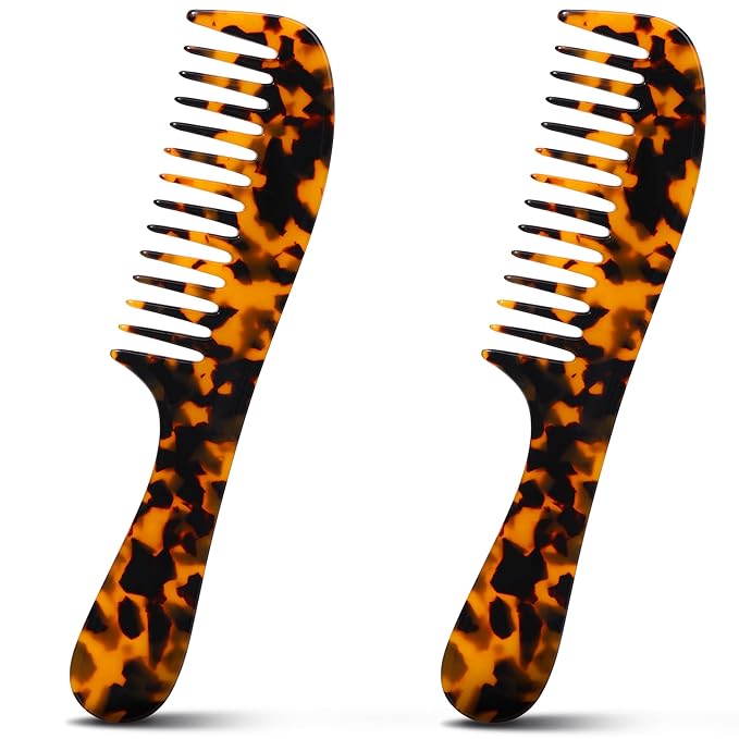 Fsmiling Wide Tooth Comb Large Detangling Comb Cellulose Detangler Comb for Women Thick Curly Wavy Wet Dry Hair 2 Pack,Tortoise shell-Velvo Beauty