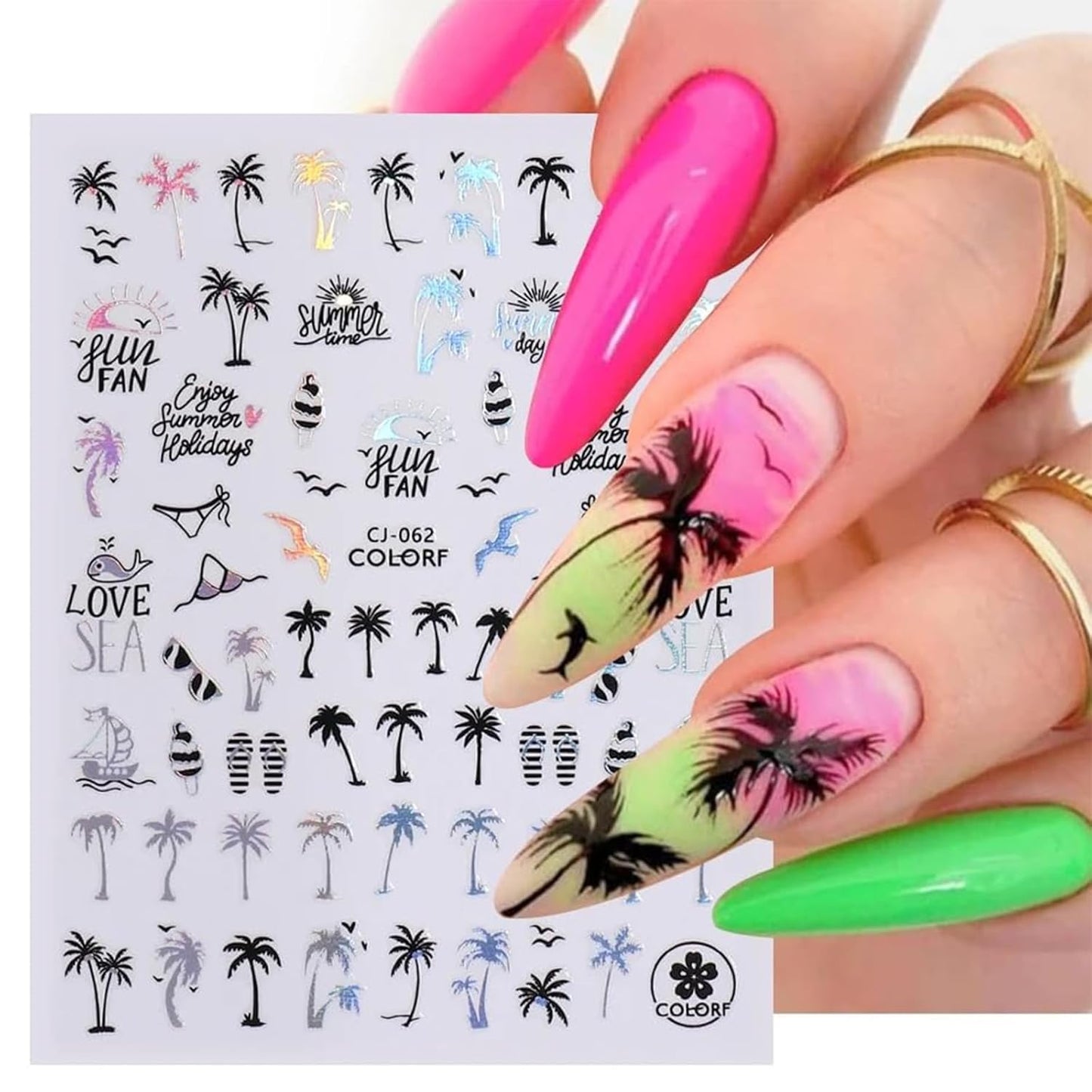 Summer Nail Art Stickers 6 Sheets Shell Nail Decals 3D Self-Adhesive Nails Design Accessories Palm Tree Jellyfish Mermaid Stickers for Women Nails Decoration-Velvo Beauty
