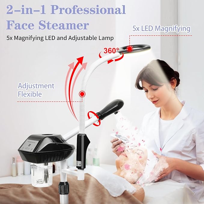 Professional Facial Steamer, 2 in 1 Face Steamer on Wheels, with 5X Magnifying Lamp, Facial Steamer with Time Setting, Stand Face Steamer Adjustable Height for Spa, Salon and at Home use-Velvo Beauty
