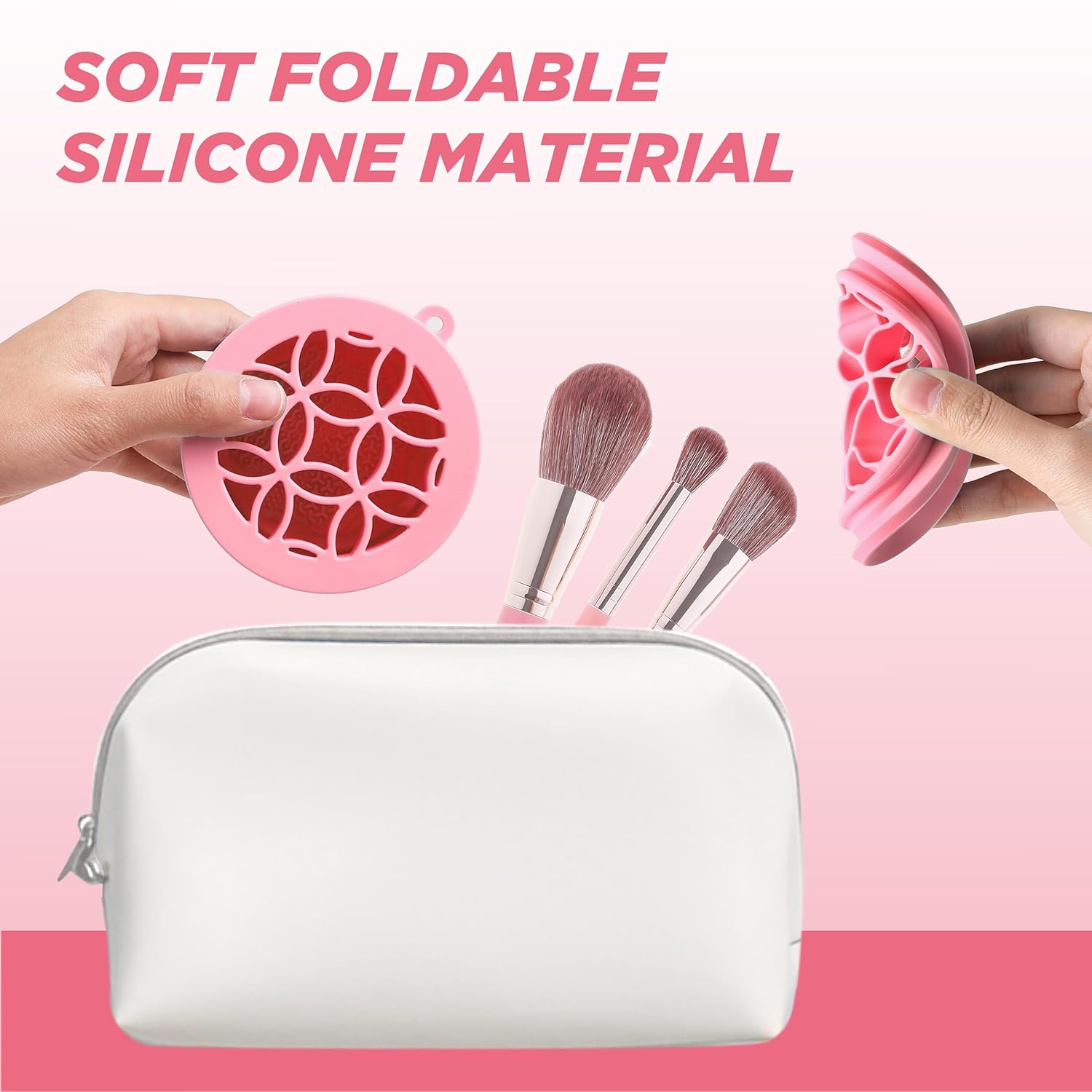 Makeup Brush Cleaner - Foldable Silicone Makeup Brush Cleaner Mat with Brush Storage Holder Makeup Brush Cleaning Bowl Cosmetic Brush Washing Tool for Cleaning Organizer and Drying (Purple and Pink)-Velvo Beauty