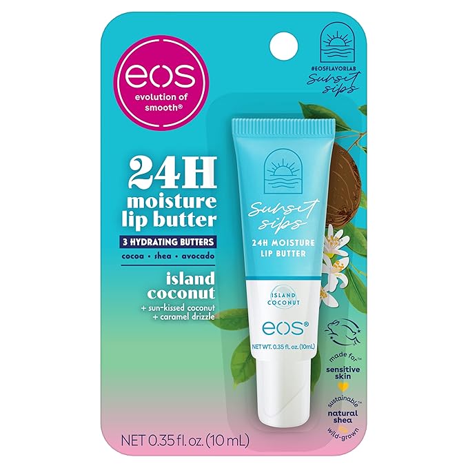 eos Sunset Sips Lip Butter Tube- Island Coconut, 24-Hour Moisture, Overnight Lip Mask, Lip Care Products, 0.35 fl oz-Velvo Beauty