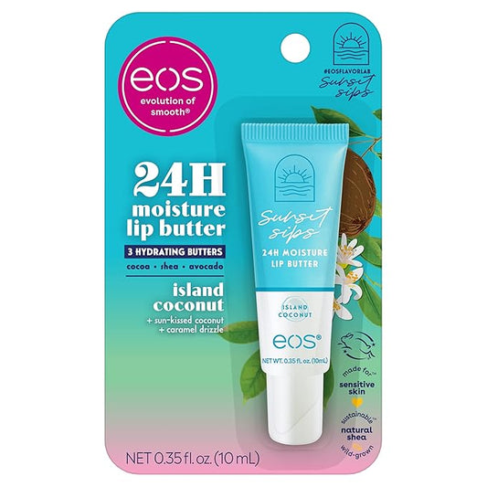 eos Sunset Sips Lip Butter Tube- Island Coconut, 24-Hour Moisture, Overnight Lip Mask, Lip Care Products, 0.35 fl oz-Velvo Beauty