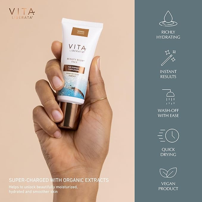 Vita Liberata Beauty Blur Face - Medium, BB Cream, Hydrating Skin Finish, Radiant Glow & Flawless Complexion, 1.01 fl oz-Velvo Beauty