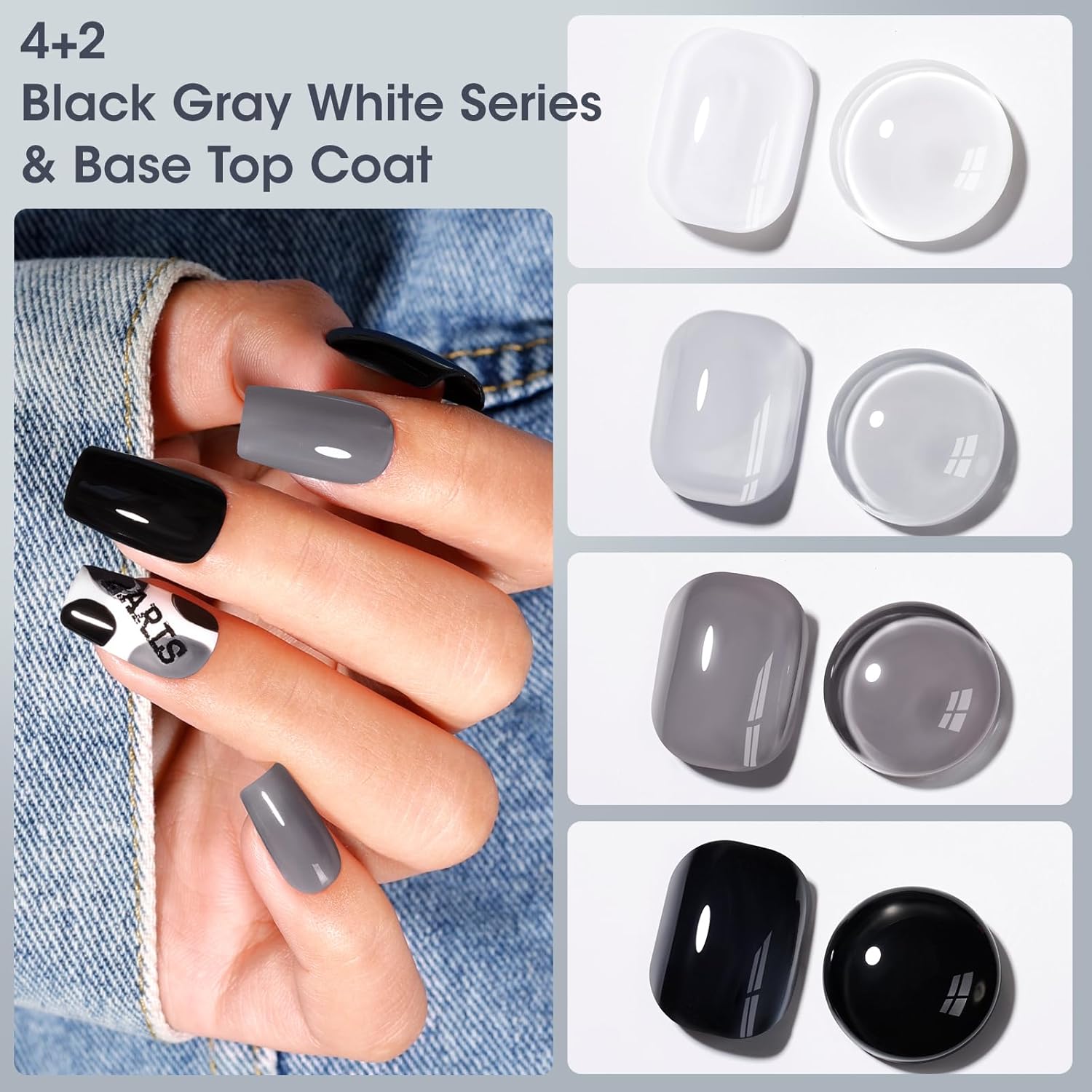Gellen 4 Colors Black White Gray Nail Polish Set & Base Top Coat, Fall Winter Trendy Winter Black White Grey Regular Nail Polish Quick Air Dry Set for Women DIY Nails Home Salon, Hema Free, Toxin Free-Velvo Beauty