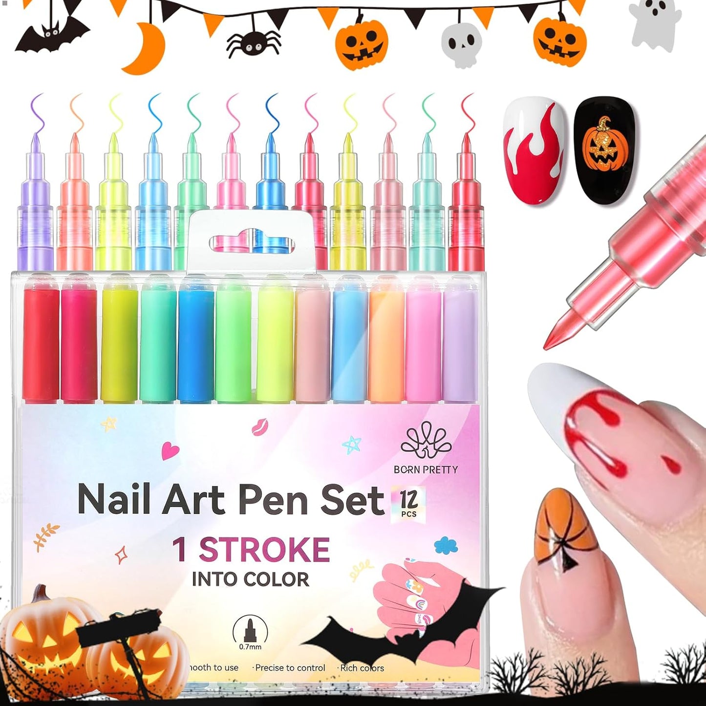 BORN PRETTY Nail Art Pens Set 12 Colors - Halloween Neon Colors 3D Nail Polish Acrylic Paint Pens Quick Dry Nail Markers for Halloween Nail Art Drawing Painting Dotting Liner Pen DIY Manicure Tools-Velvo Beauty