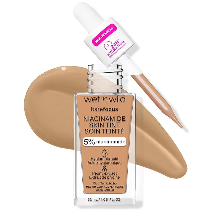 wet n wild Bare Focus Skin Tint, 5% Niacinamide Enriched,Buildable Sheer Lightweight Coverage, Natural Radiant Finish, Hyaluronic & Vitamin Hydration Boost, Cruelty-Free & Vegan - Cocoa-Velvo Beauty