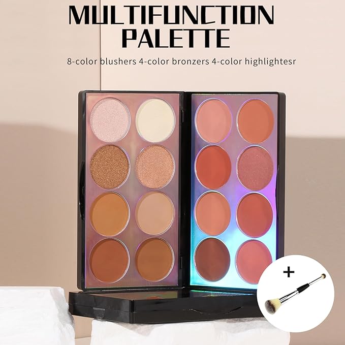 16 Colors Blush Contour Highlighter Makeup Palette with Brush, Shimmer Matte Mineral Face Blush Powder for Cheek, All in One Face Sculpting Bronzer Blusher Illuminator Concealer Palette-Velvo Beauty