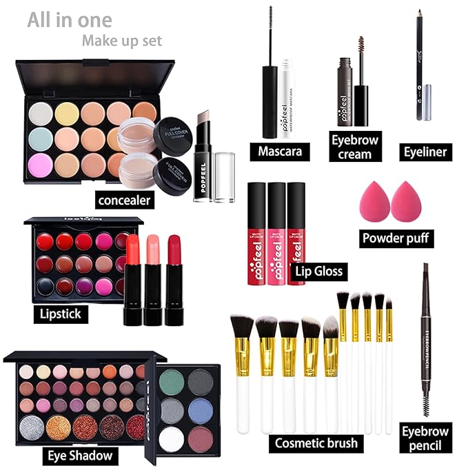 All in One Makeup Kit For Beginners Full Kit, Full Makeup Kit For Teen Girls, Makeup Gift Set, Include Eyeshadows, Concealer, Cosmetic brush, Lip Gloss, Lipstick, Powder puff, Mascara -006-Velvo Beauty