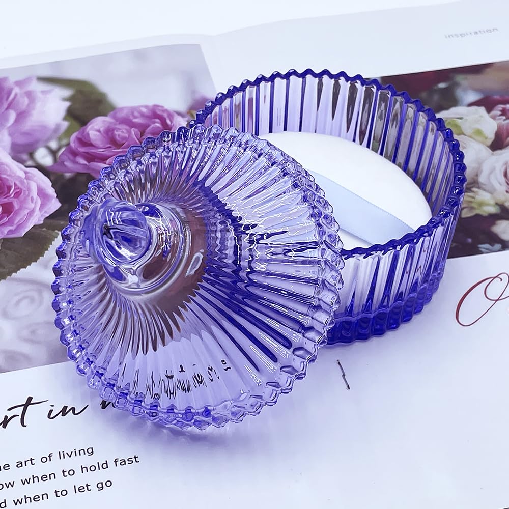 Ultra Soft Powder Puff and Container 3.3" High Density Velvet Dusting Washable Reusable Powder Puff,Body Powder Puff and Glass Jar Holder Loose Powder Box with Puff for Face Makeup(Purple)-Velvo Beauty