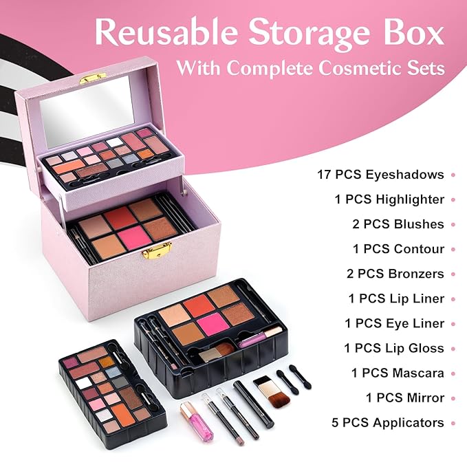 Color Nymph Beginner Makeup Kit For Teens, Girls Makeup kits With Recyclable And Key-Lockable Cabinet Included 17-Colors Eyeshadows Blushes Bronzer Highlighter Lipstick Brushes Mirror(Pink)-Velvo Beauty