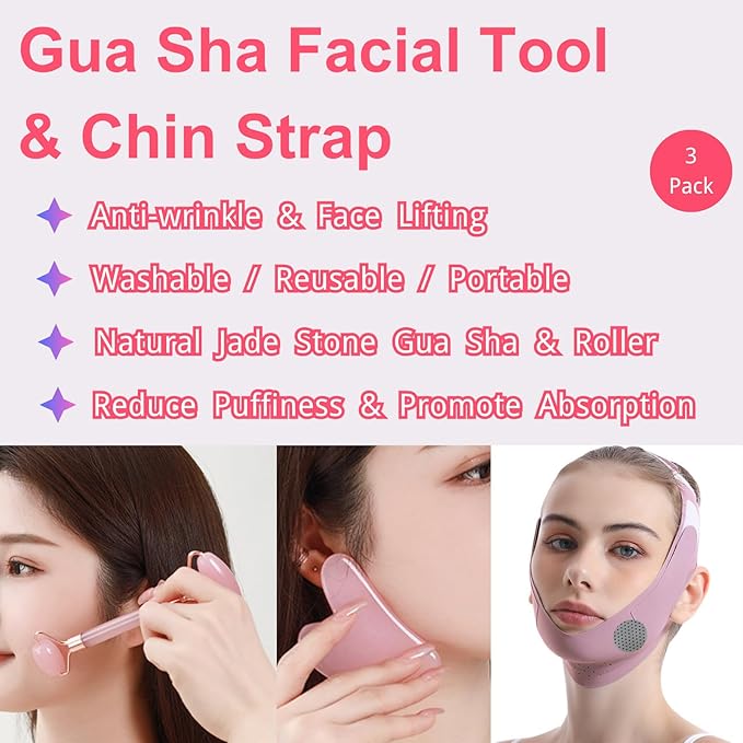 Gua Sha Facial Tools - Jade Roller for Face Beauty Gift Sets Reduces Puffiness, Sleep Mask, Face Lifting Double Chin Strap, Skin Care Massage Self Care Gift for Women-Velvo Beauty