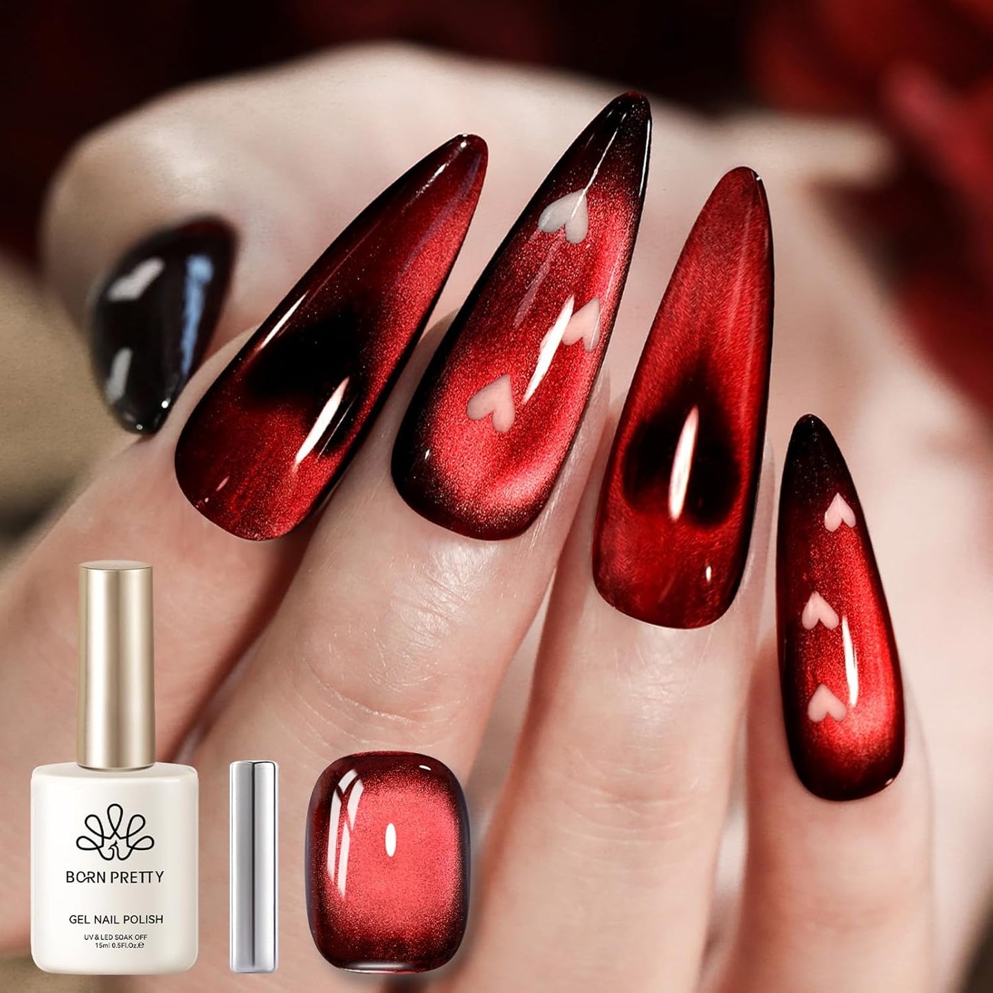 Born Pretty Red Cat Magnetic Gel Nail Polish, Black Red Glass Gel Polish Halloween Cat Magnetic Nail Polish Nail Art Manicure Salon DIY at Home 15ML-Velvo Beauty
