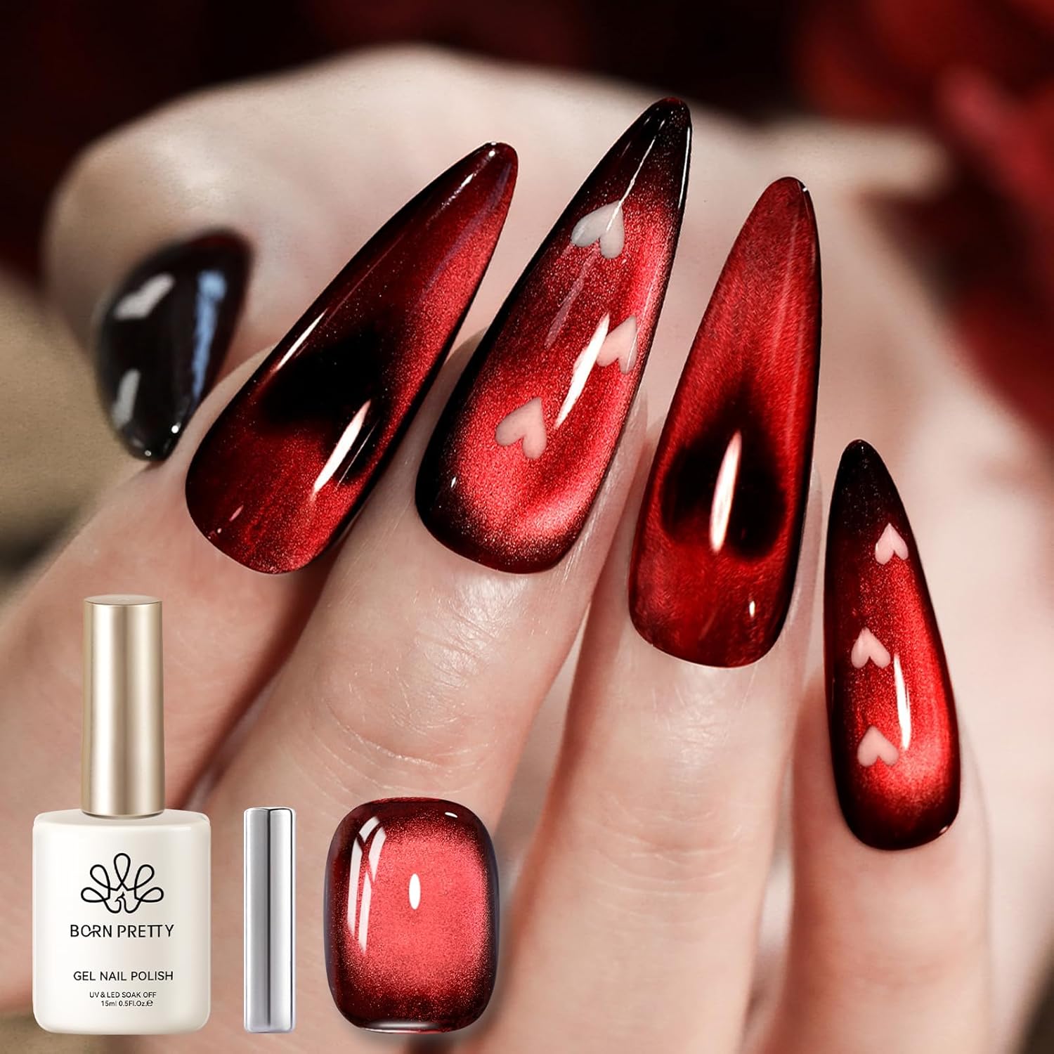 Born Pretty Red Cat Magnetic Gel Nail Polish, Black Red Glass Gel Polish Halloween Cat Magnetic Nail Polish Nail Art Manicure Salon DIY at Home 15ML-Velvo Beauty