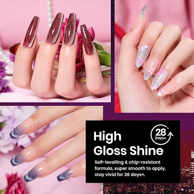 Beetles Cat Eye Gel Nail Polish Set 6 Colors Glitter Red Purple Blue Nail Polish with Magnet Spring Gel Polish Soak Off U V Led Gifts for Women Girls Salon DIY Home-Velvo Beauty