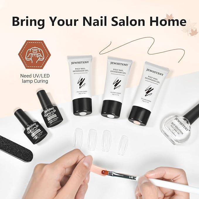 JEWHITENY Poly Extension Gel Nail Set Clear White Pink Poly Nail Gel With Slip Solution Base Coat Top Coat French Manicure for Finger Art and Home DIY Need U V Lamp Curing-Velvo Beauty