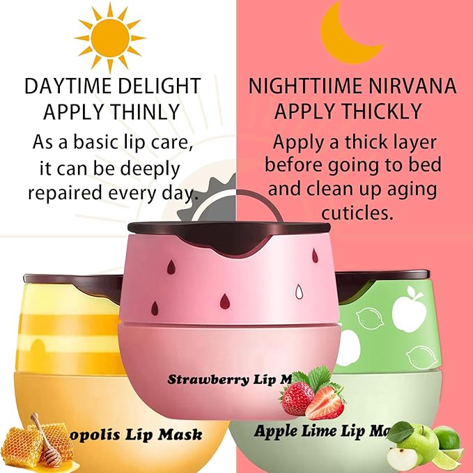 3 PCS Lip Balm Honey Pot, Honey Apple Strawberry Lip Masks Overnight, Propolis Moisturizing Lip Sleeping Mask, Prevention Dry Crack Lip Repair Nourishes the Lip Skin and Lip Wrinkle Care.-Velvo Beauty