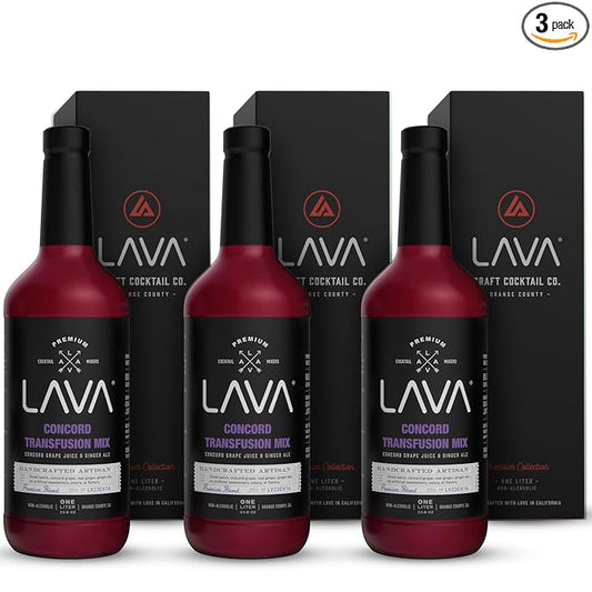 (3 Pack) LAVA Premium Concord Transfusion Mix made with concord grape juice, real ginger, ginger ale, no artificial sweeteners, 1-Liter (33.8oz) Glass Bottle, Ready to Use.-Velvo Beauty