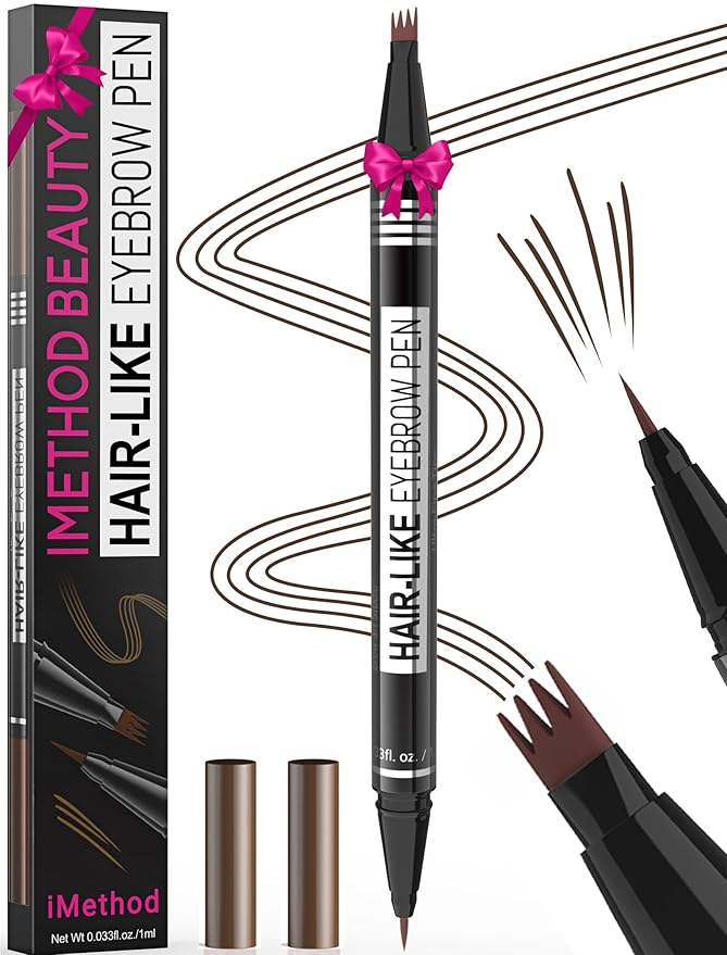 iMethod Microblading Eyebrow Pen - Eyebrow Pencil Magical 2-in-1 Dual-Ended Eye Brow Pencils for Women with 4-Fork-Tip & Precise Brush-Tip Create Natural Hair-Like Brows, Last All-Day, Dark Brown-Velvo Beauty
