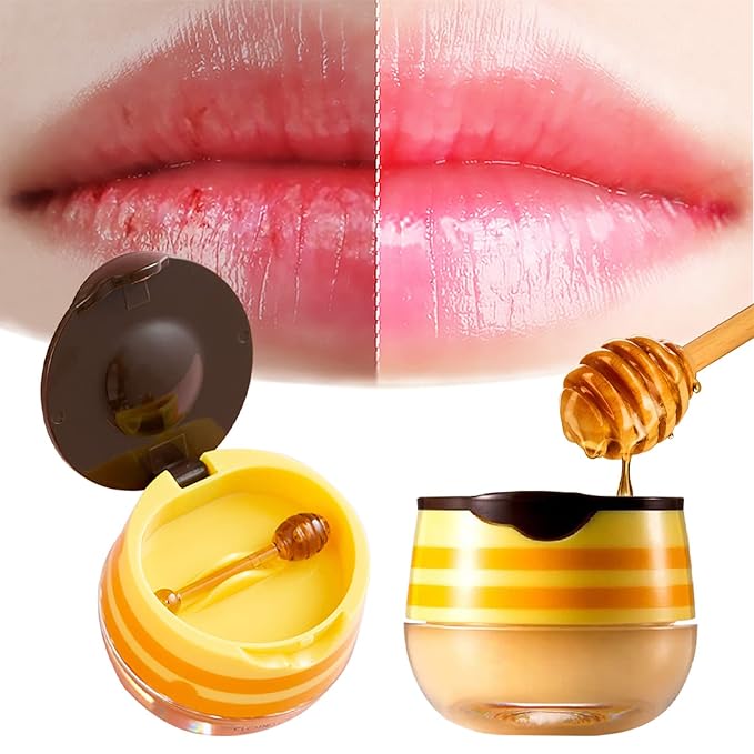 2PCS Bee Lip Balm Honey Pot, Honey Pot Lip Balm for Dry Cracked Lips, Strawberry Lip Balm Scrubs Exfoliator & Moisturizer, Hydrating Lip Balm Honey Pot with Wand, Lip Sleeping Mask (A)-Velvo Beauty