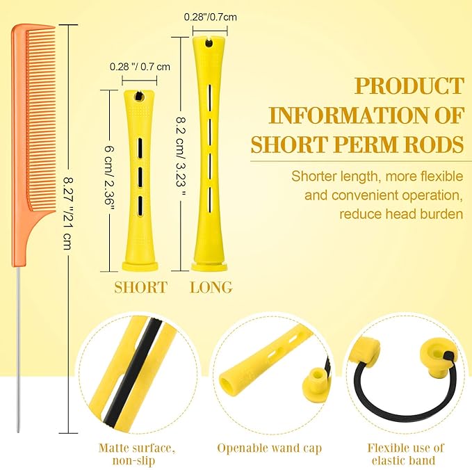 48 Pieces Hair Perm Rods Short Cold Wave Rods Plastic Perming Irons Hair Curling Rollers Curlers with Steel Pintail Comb Rat Tail Comb for Hairdressing Styling Supplies(0.28 Inch,Yellow and Orange)-Velvo Beauty