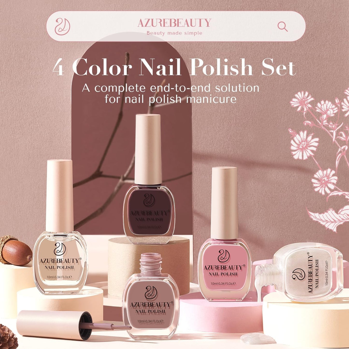 AZUREBEAUTY Nail Polish Set 4 Colors Pink Nude Glitter Nail Polish Quick Dry Natural Nail Lacquer Fingernail Kit with Top Coat DIY Salon Home-Velvo Beauty