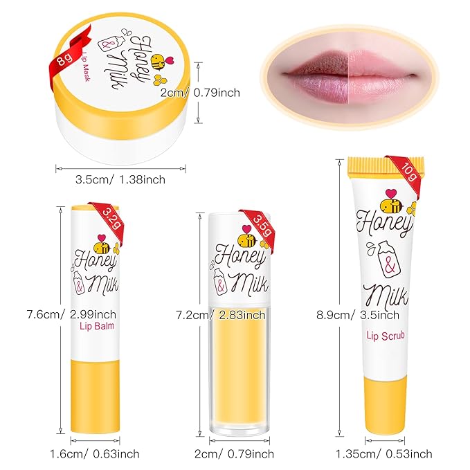 4 Piece Honey Milk Lip Mask Lip Balm Lip Scrub Lip Oil Lip Care Kit, Moisturizing & Nourishing Dry and Cracked Lips, Overnight Sleeping Lip Exfoliator Lip Moisturizer Lip Repair-Velvo Beauty