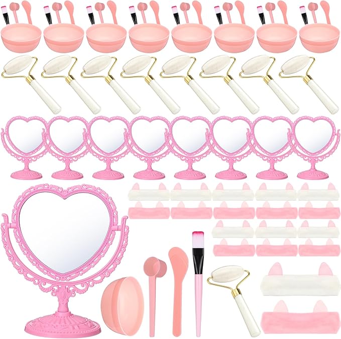 8 Set Spa Party Supplies for Girls Including 8 Heart Shaped Stand Mirrors 8 Jade Roller for Face 8 Face Brushes Kit 8 Face Mask Mixing Bowl 8 Headband for Sleepover Birthday Party Favors-Velvo Beauty