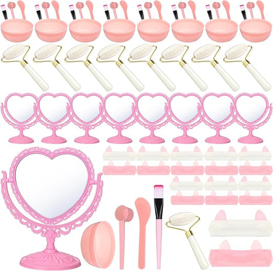 8 Set Spa Party Supplies for Girls Including 8 Heart Shaped Stand Mirrors 8 Jade Roller for Face 8 Face Brushes Kit 8 Face Mask Mixing Bowl 8 Headband for Sleepover Birthday Party Favors-Velvo Beauty