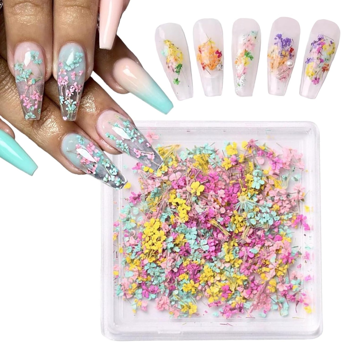 1 Box of Dried Flower Nail Stickers, Colored Dried Flower Nail Stickers, mini Real Flowers, Natural Flowers, 3D Baby's Breath Floral Art, Ladies and Girls DIY Nail Art Decoration-Velvo Beauty