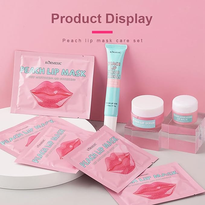 4 In 1 Peach Lip Care Kit With Lip Exfoliator Scrub And Moisturizer, Peach Scrub Bubble, Hydrating Lip Mask, Lip Scrubs Gentle Exfoliating, Instant Moisturizing, Lip Balm Hydrating For Very Dry Lips-Velvo Beauty